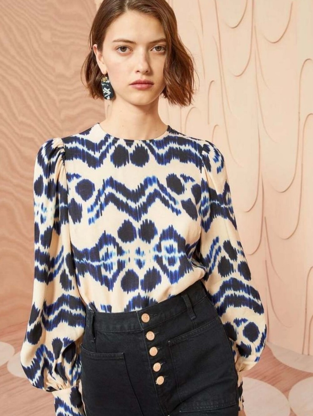 Ulla Johnson Liliana Navy & Cream Ikat-Print Blouse Size 4 Nwt